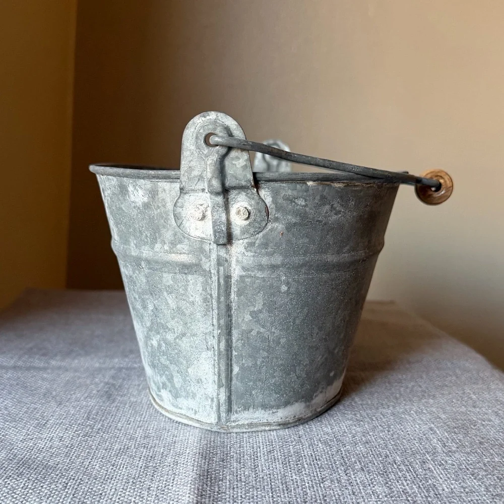 Rustic Galvanized Metal Bucket w/ Wooden Handle Farmhouse Decor